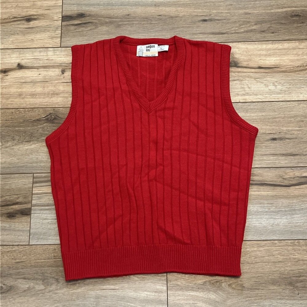VTG London Fog V-Neck Knit Sweater Vest SZ LARGE Red USA Made Classic Grandpa